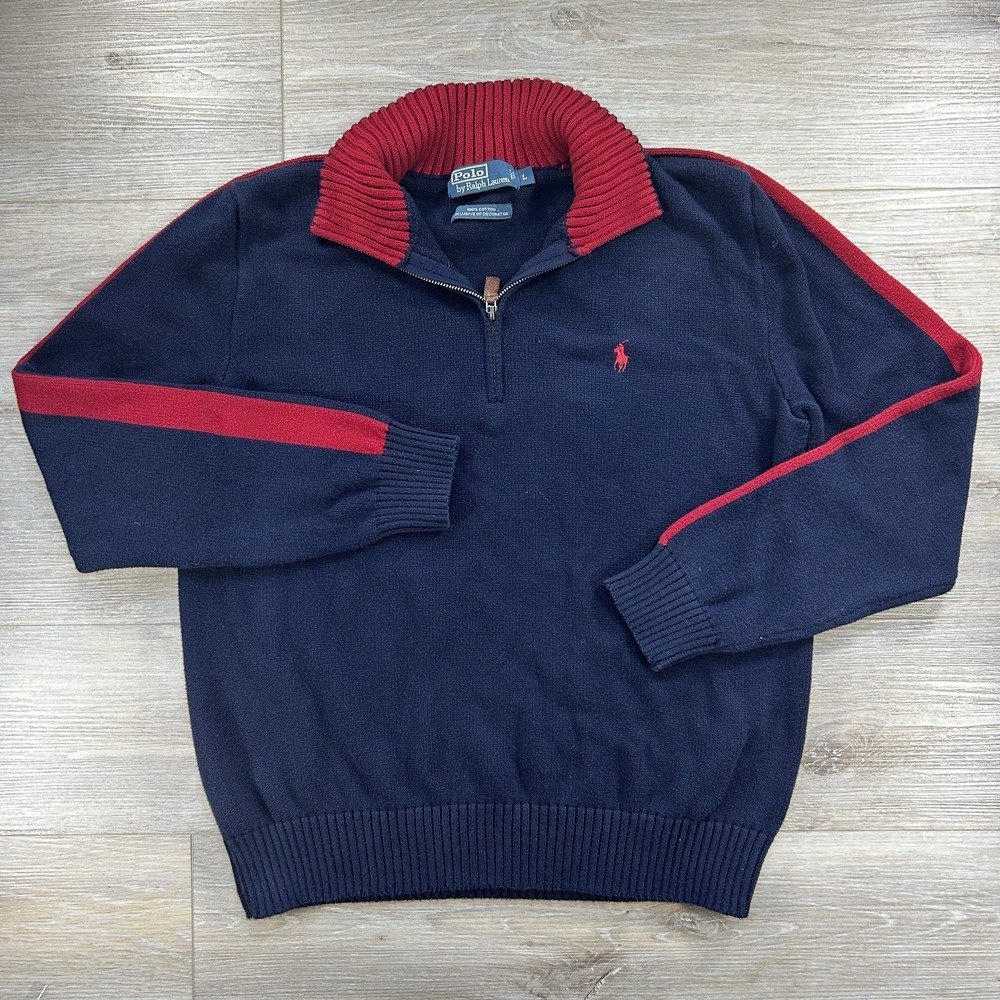 Vintage 90s Polo Ralph Lauren Large Navy Red Striped 1/4 Zip Knit Sweater